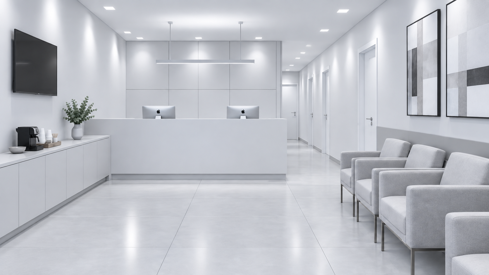 Recepção de clínica de estética — projeto Kolinski Arquitetura em Saúde