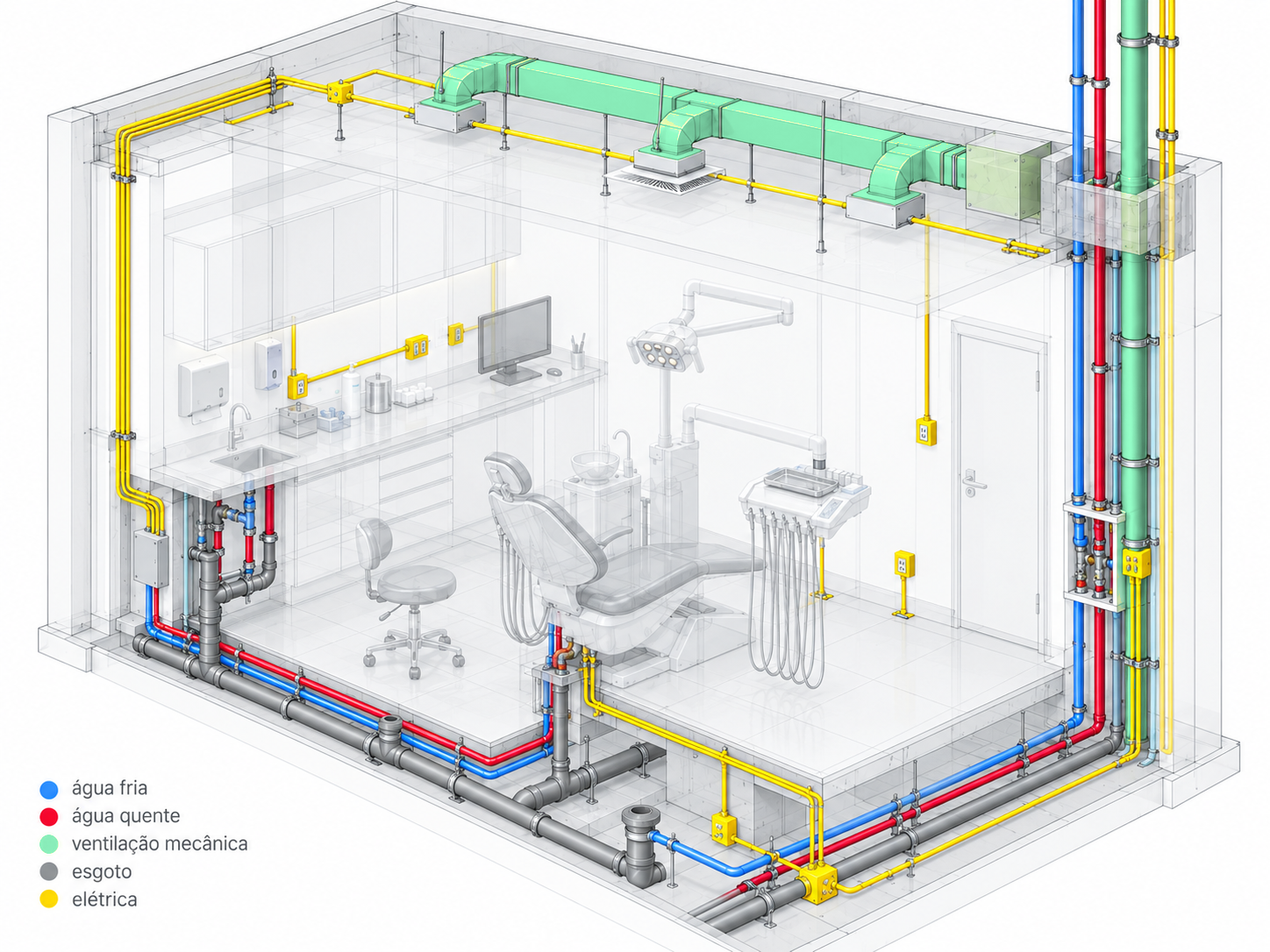 Modelo BIM de consultório com instalações elétricas, hidráulicas e ventilação