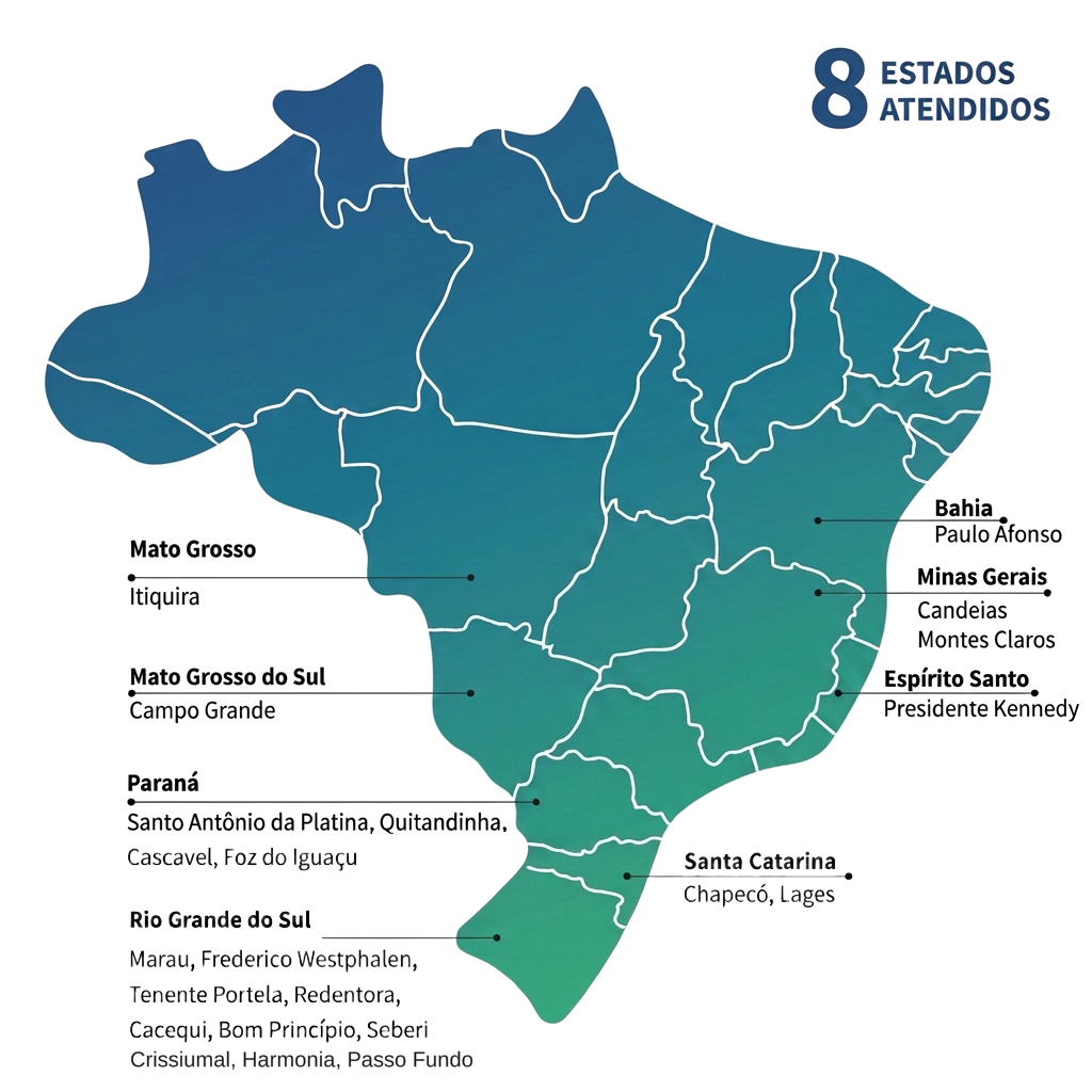 Mapa do Brasil com as cidades atendidas pela KOLINSKI ARQUITETURA EM SAÚDE